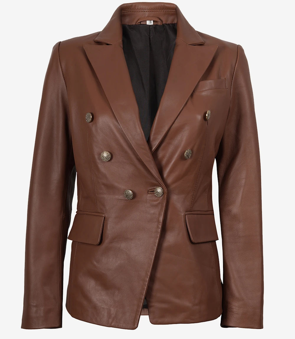 Womens Kim Double Breasted Cognac Leather Blazer